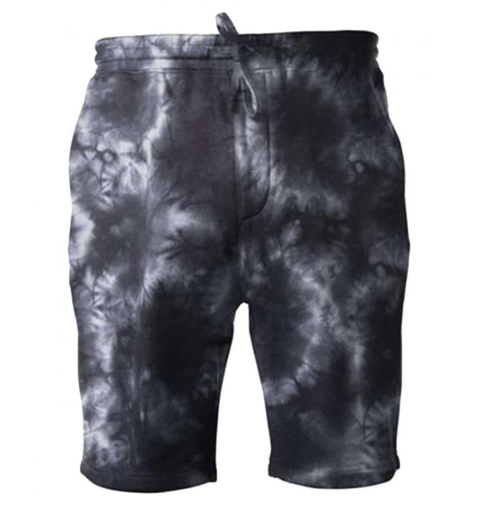 black and gray INDEPENDENT TRADING CO. PRM50STTD TIE-DYED FLEECE SHORTS links to product page to purchase