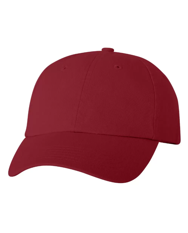 A plain red fitted baseball cap with a curved brim.