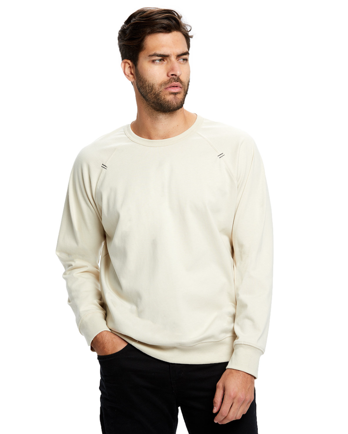 Man in White Long Sleeve Raglan Shirt